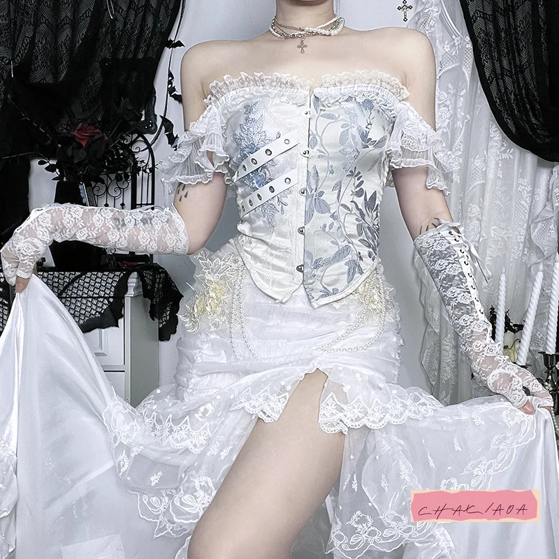 Otoño Invierno Y2K bordado multifuncional falda con abertura alta gótico Sexy chica caliente chaleco subcultura fuera del hombro bloque de Color Top