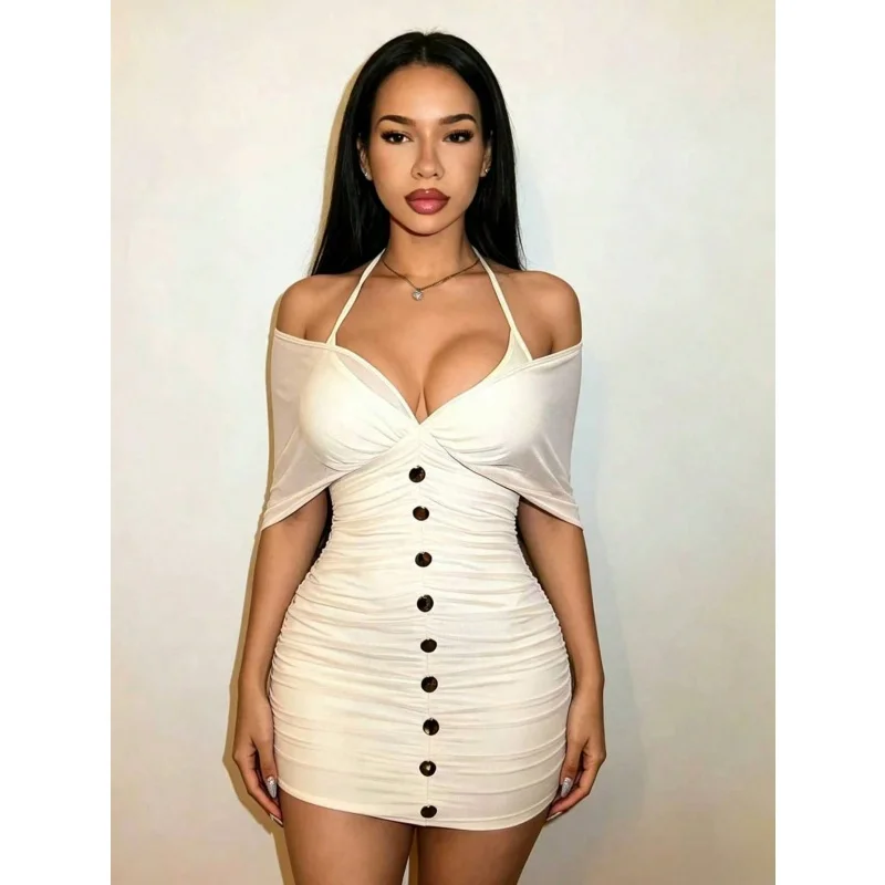 Damen-Minikleid mit freiem Schulterbereich, Netzstoff, Neckholder-Ausschnitt, figurbetont, mit Knopfleiste vorne, geraffter Kordelzug, sexy, für Nachtclubs und Partys, kurzes Kleid, Dropshipping. – Detail 3