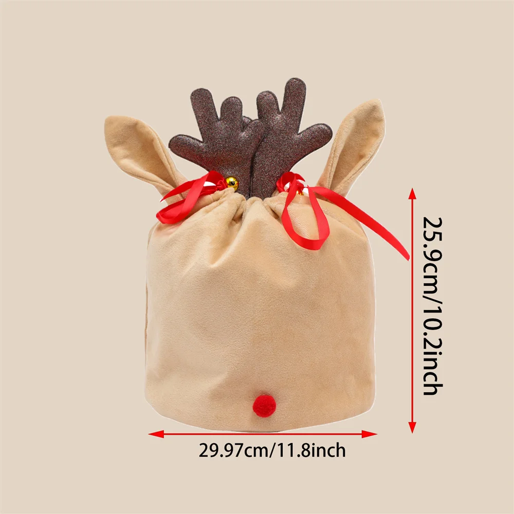 Elk Antler Christmas Gift Bag Red Ribbon Drawstring Bag For Present Soft Minky Xmas Candy Party Decoration