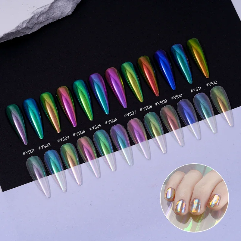 HNDO 오로라 미러 파우더 네일 글리터 크롬 효과, 전문 네일 아트 장식, 매니큐어 카멜레온 안료 먼지, 12 색