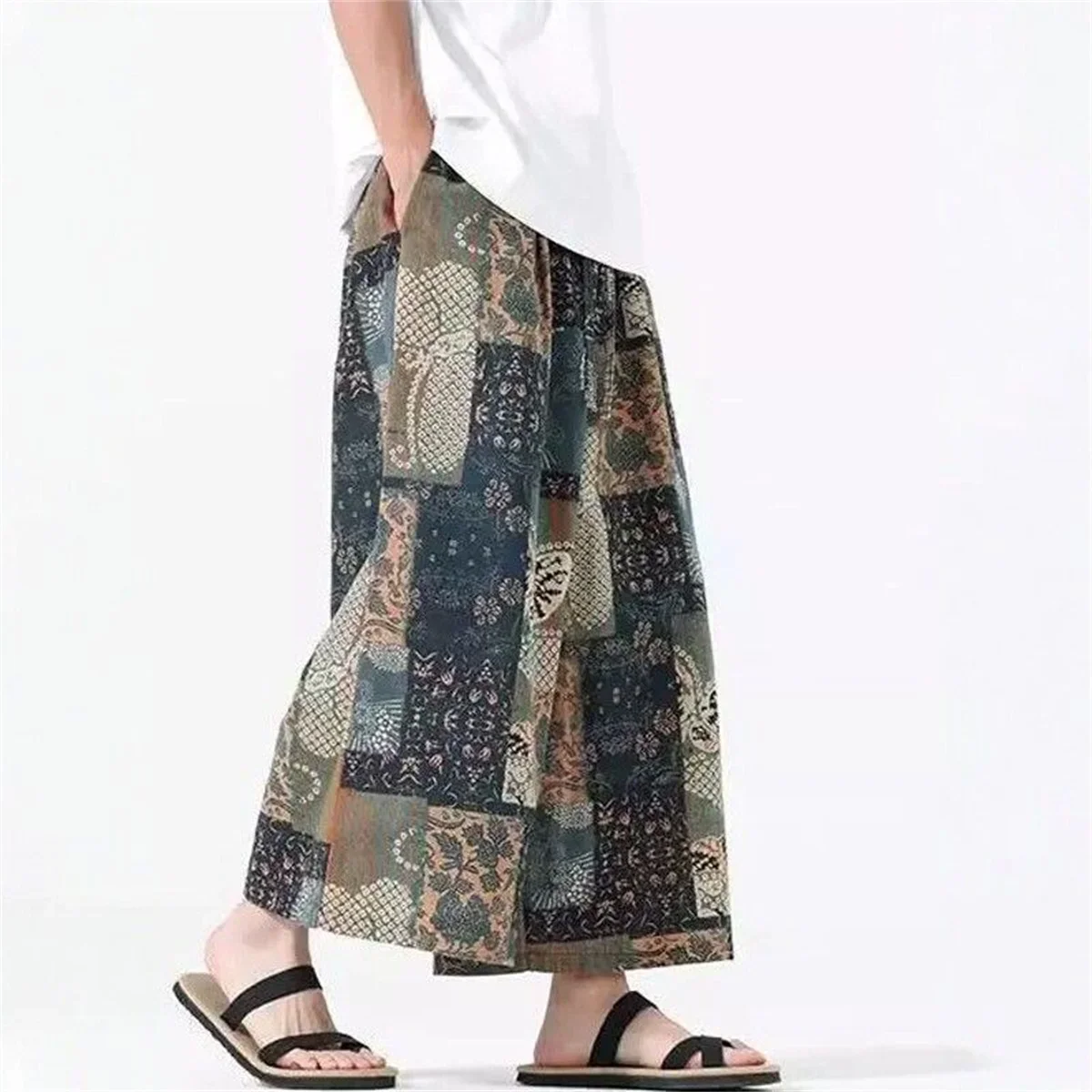 Sommerliche Herrenhose mit lockerem, geradem Bein, Patchwork-Design, weites Bein, Retro-Chinesischer Stil, lässige, lockere Passform, Herrenmode – Detail 3