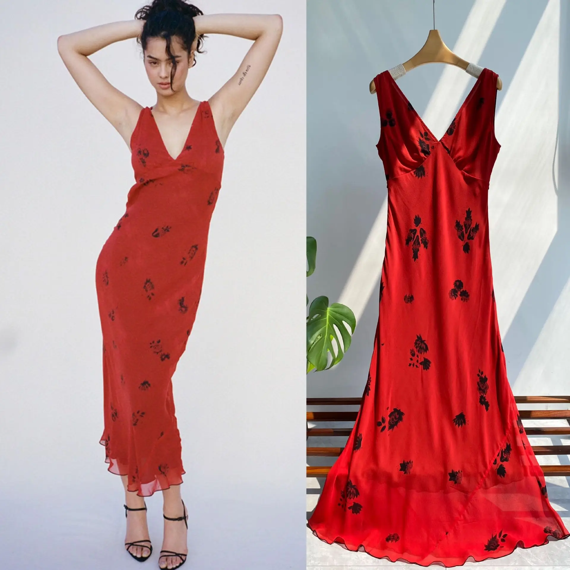 

Rose Kiss · French Print Sexy Deep V-Neck Red Dress Oblique Silk Red mulbeery silk Holiday Dress