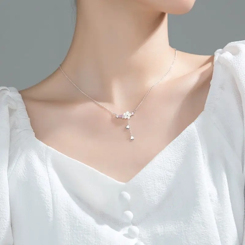 925 Sterling Silver Inlaid Zircon Necklaces for Women Romantic Cherry Blossom Pendant Clavicle Chain Choker Jewelry