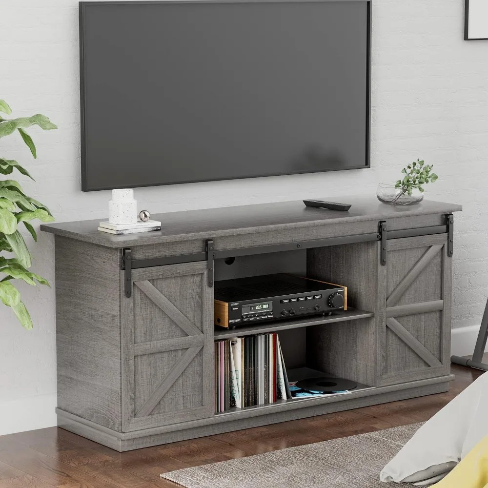 TV Stand for Televisions up to 65 Inchs, with Sliding Barn Doors and Storage Cabinets, Console Taboom, 58 Inch, Gray