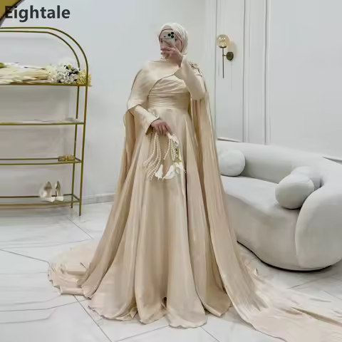 Eightale 2025 Champagne Maxi Muslim Evening Dress With Cape Formal Prom Dress Dubai Wedding Party Gown Customized