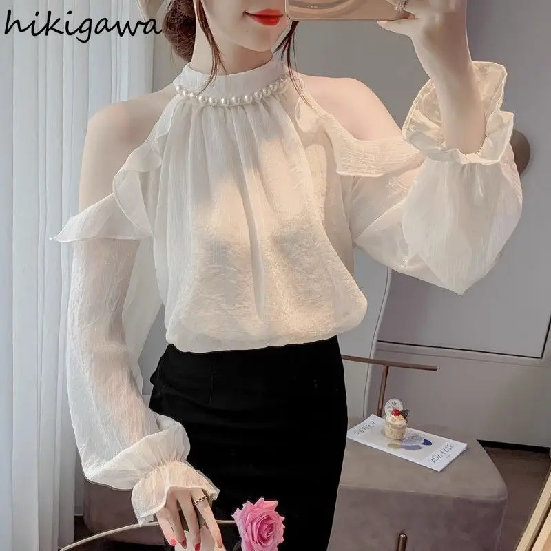 Temperament Lady Tops Korean Chic Blouses for Women Beading O-neck Long Sleeve Shirts Off Shoulder Summer Loose Camisas De Mujer