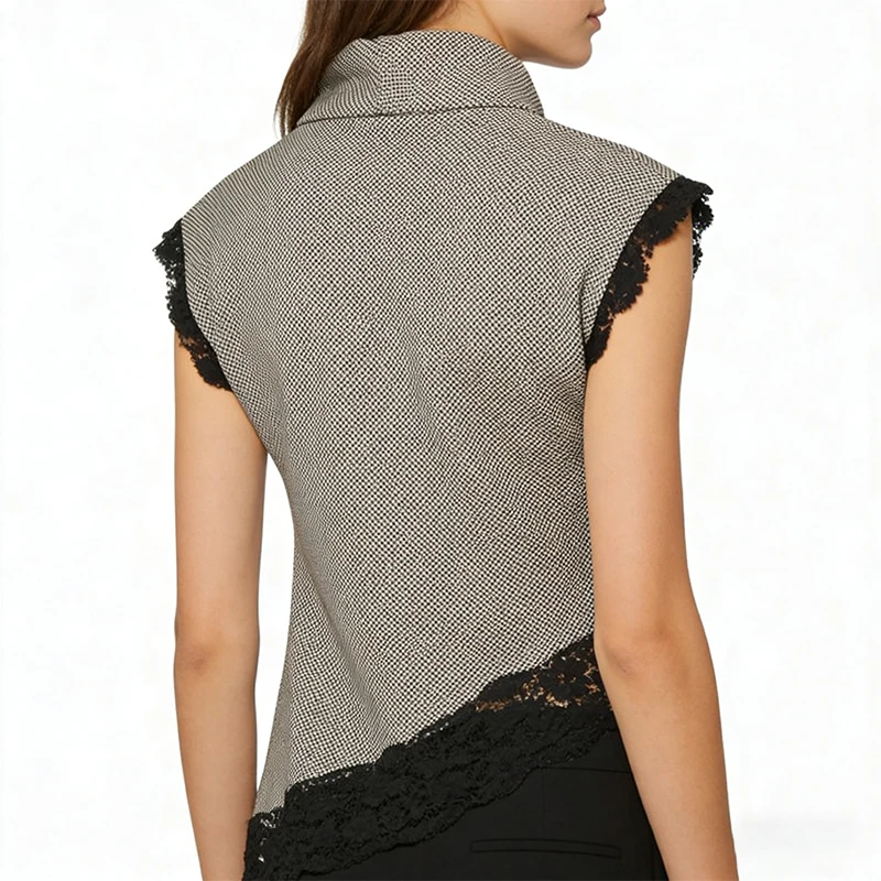Top de cuello alto de pata de gallo para mujer con ribete de encaje negro - Blusa de punto sin mangas con dobladillo asimétrico para un estilo elegante