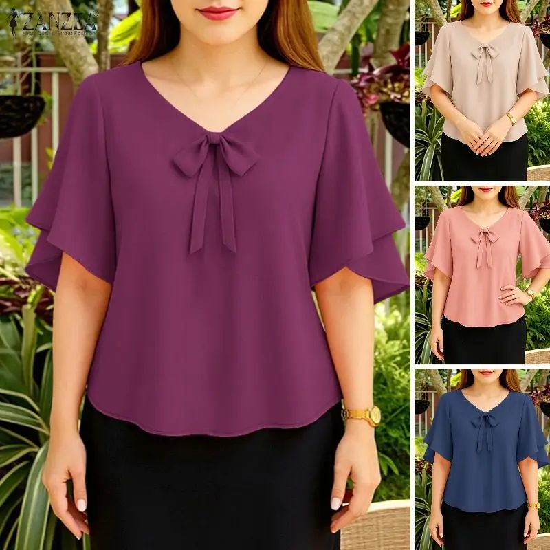 Sommer Einfarbige Bluse 2026 ZANZEA Elegante Damen V-Ausschnitt Halbarm-Oberteil Stilvolle OL Arbeitshemd Lässige Damen Urlaubstunika
