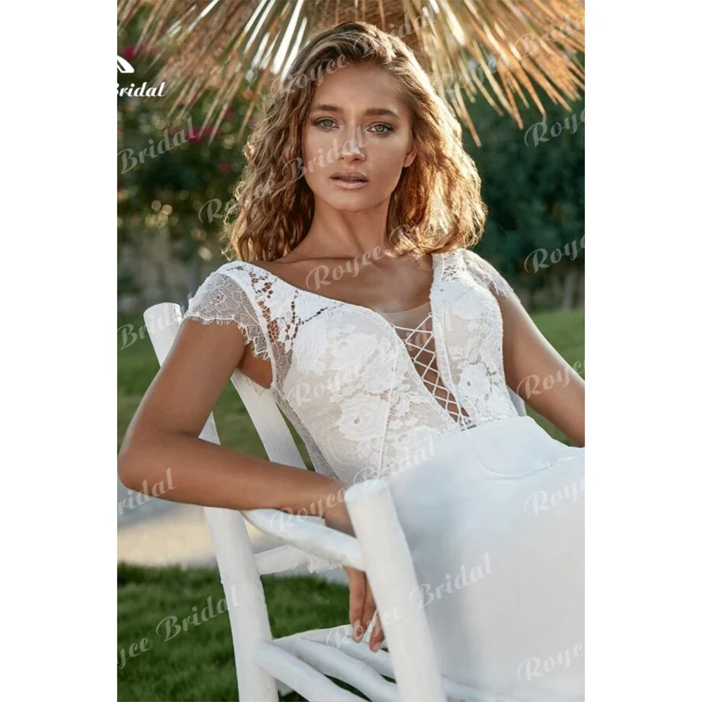 Boho a-line abiti da sposa per le donne abiti da sposa Sexy con scollo a v in pizzo manica senza schienale Lace Up nappa Chiffon Sweep vestidos de