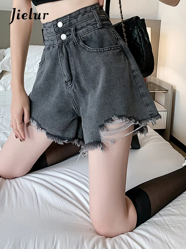 Jielur Summer New Korean Denim Shorts Woman Holes Slim Casual Chicly Women's Shorts Grey Ins High Waist Street Shorts Female