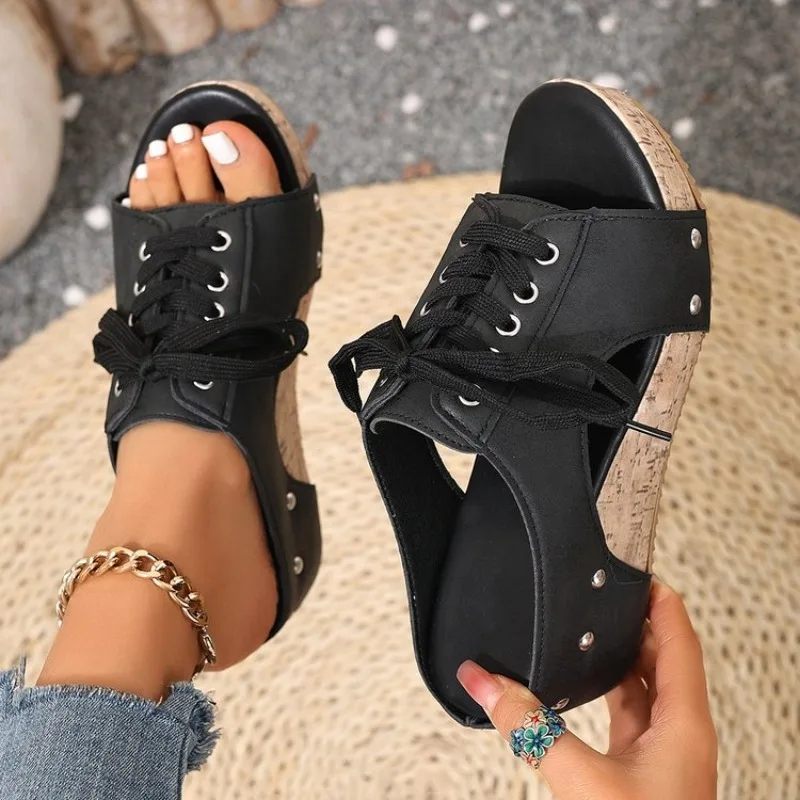 Sandalias de Mujer con Plataforma, Punta Abierta, Tacón Medio, Diseño Deslizable con Cordones Delanteros y Plataforma con Aspecto de Corcho para Uso Diario, Casual, Verano y Caminatas