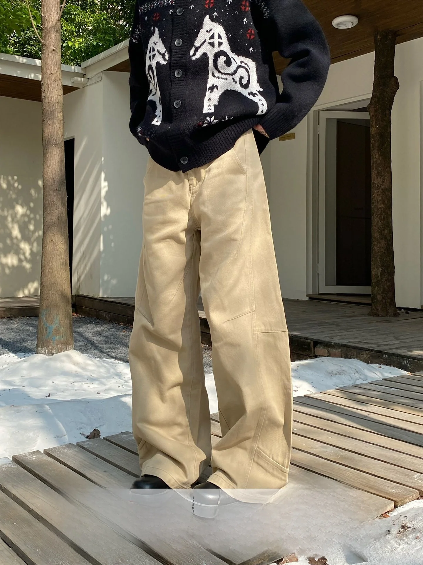 

Men's Khaki Denim Work Trousers Jie Never Stay up Late Dra Floor-Length Loose And Versatile Straight Leg Cotton Casual P...