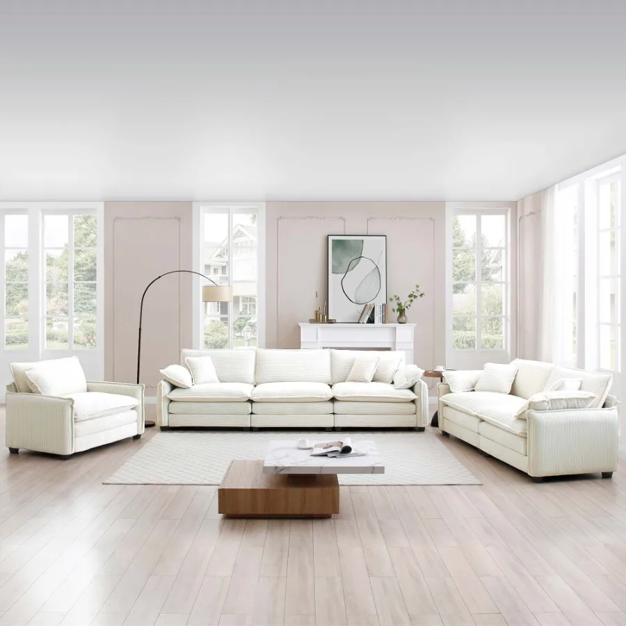 

3 Piece Comfortable Oversized Sectional Sofa One Single Sofa and One 2Seater Sofa and One 3Seater Sofa Beige Corduroy Deep Seat