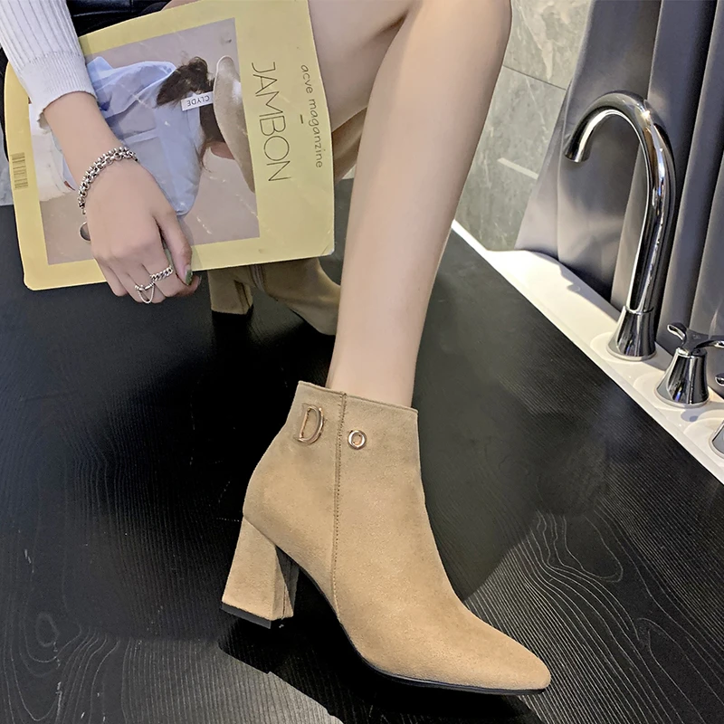 2023 Winter Shoes for Female Side Zip Women's Ankle Boots Pointed Toe Square Heel Women's Shoes Plus Size Modern Ladies Boots