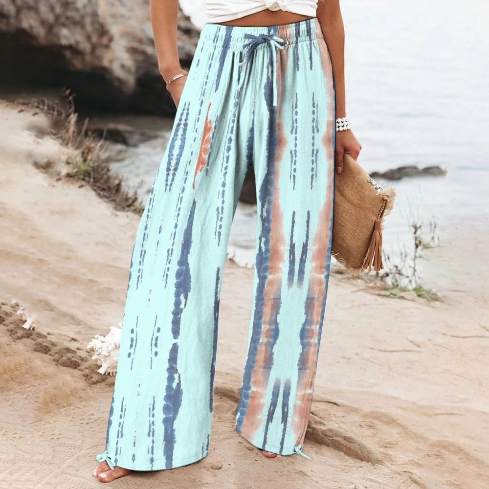 

Chic Light Blue Smudge Gradual Change Print Women's Pants Casual Loose Traf Women's Clothes Holiday Nice Wide Leg Pants