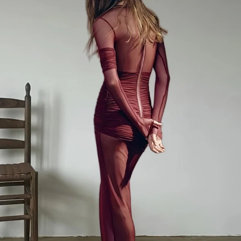 Belo elegante malha retalhos manga longa bodycon festa clube vestido de noite sexy dupla camada perspectiva vestido roupas outono