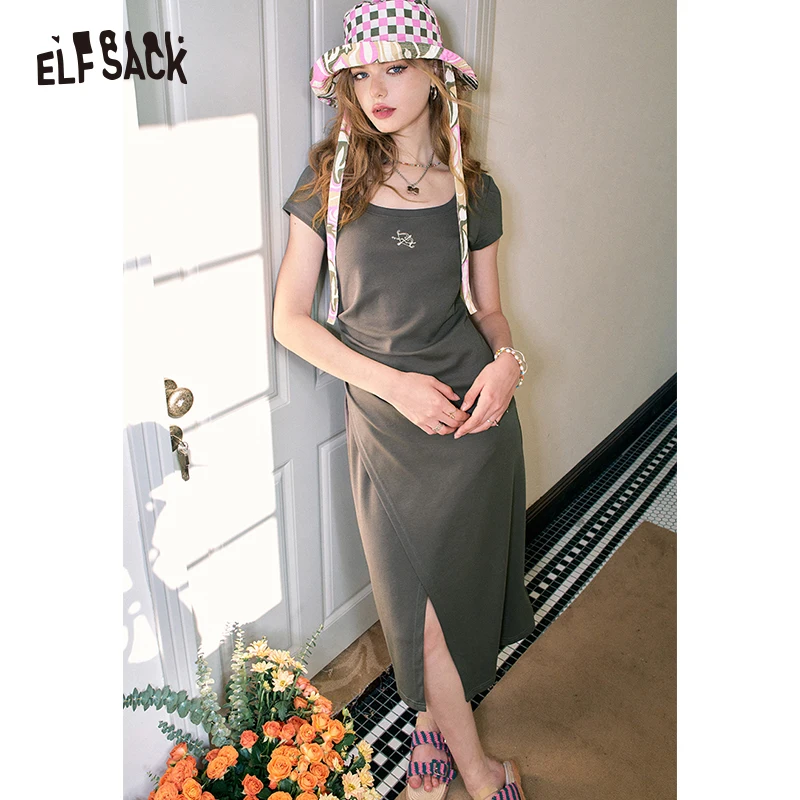 ELFSACK-Camiseta plisada ajustada con cuello cuadrado para mujer, vestido revelador de clavícula, novedad de verano 2024