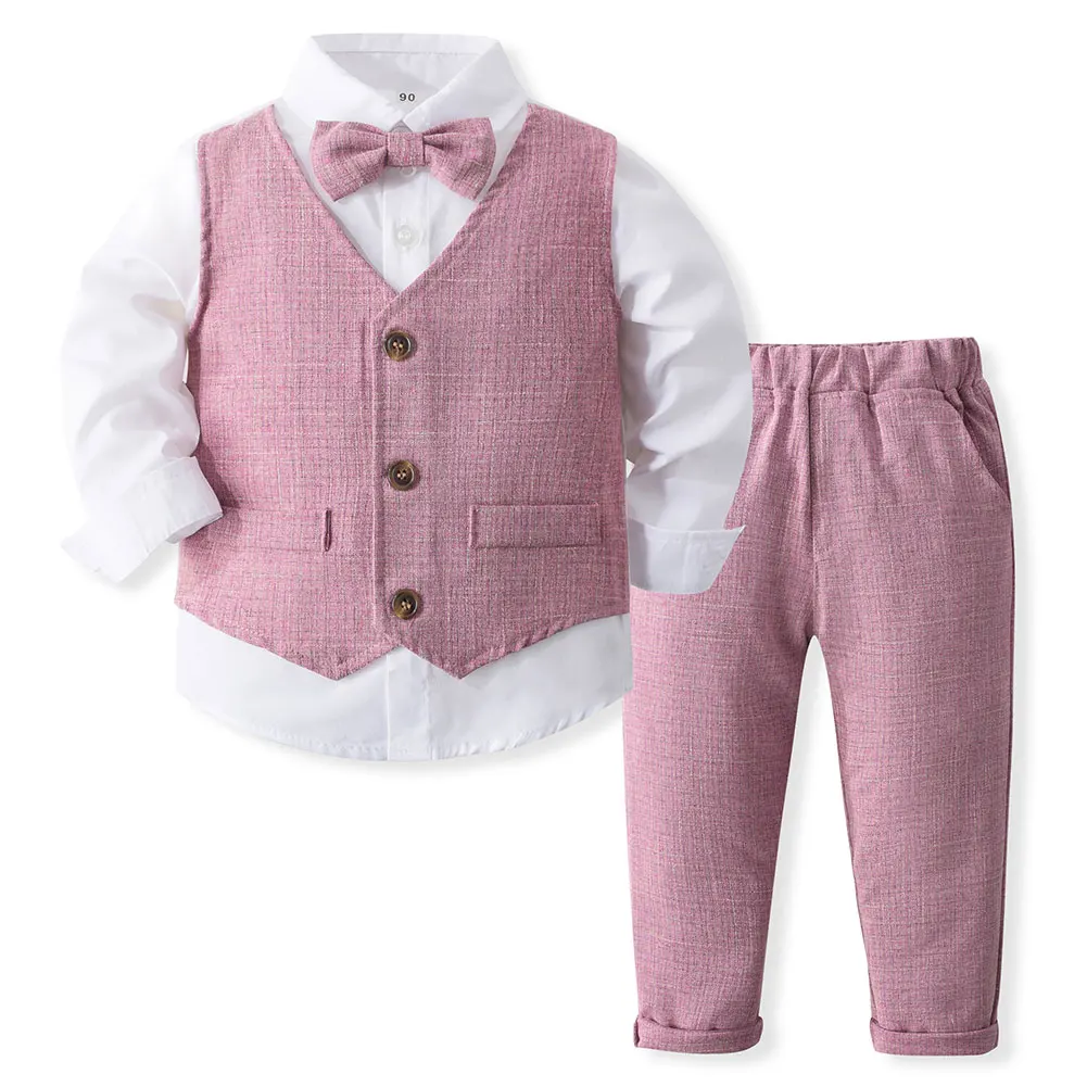 

Baby Boys 3Pcs Gentleman Suit Kids Fake Vest Formal Outfits Set Bowtie Long Sleeve Shirt+ Tuxedo Vest+ Pants