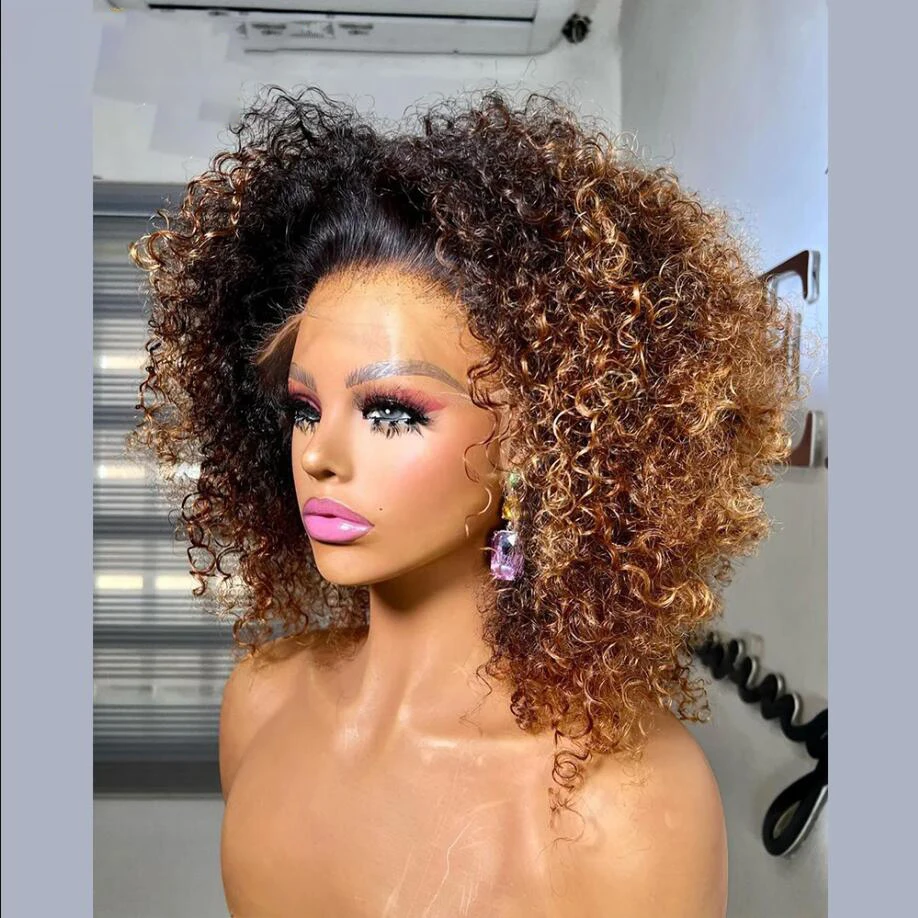 Ombre Blonde Brown Short Bob 180Density Kinky Curly Lace Front Wig For Black Women BabyHair Heat Resistant Preplucked Glueless