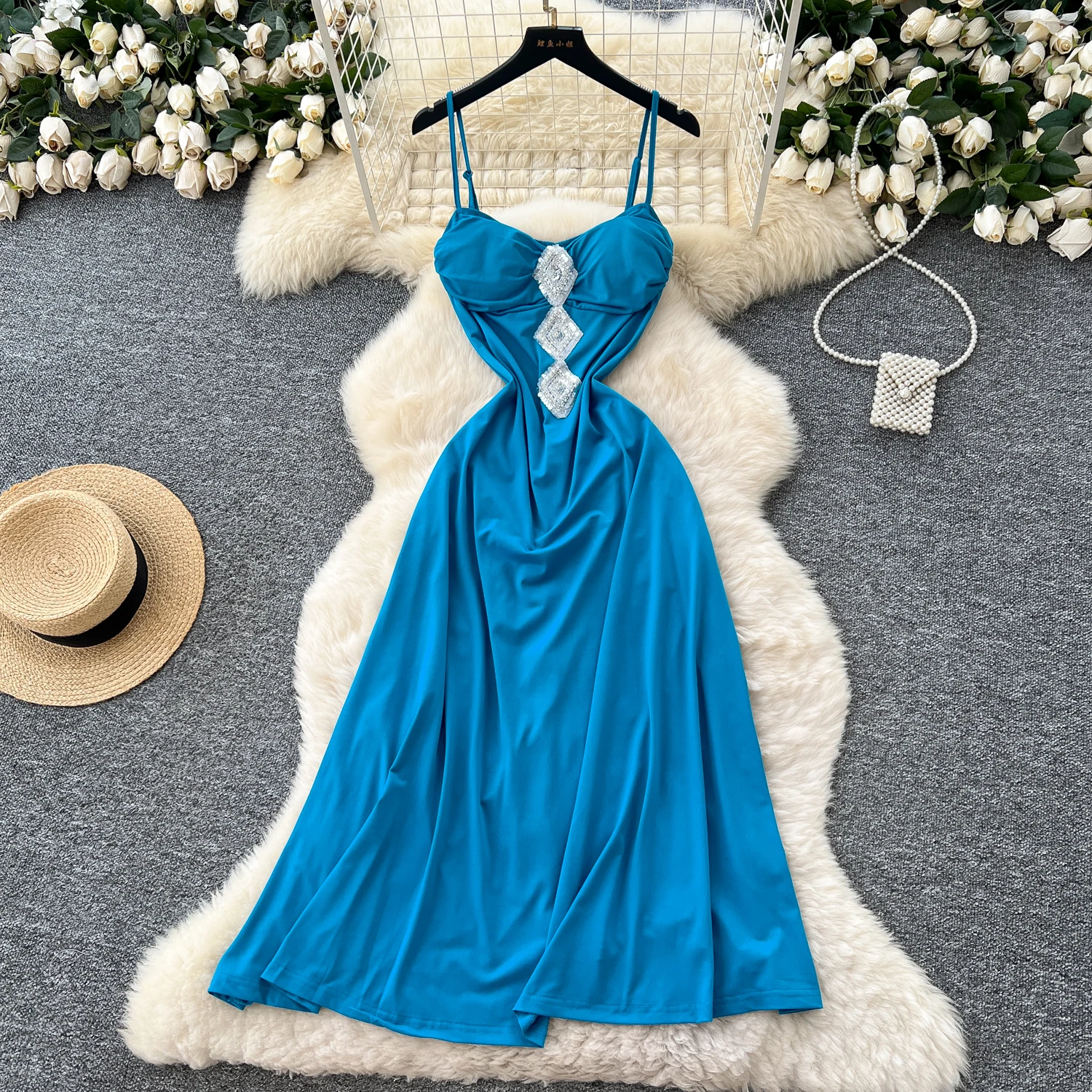 Chic vintage Sexy paillettes senza maniche Fata A-line Summer Women Boho Sundress Beach abbigliamento donna Abito lungo