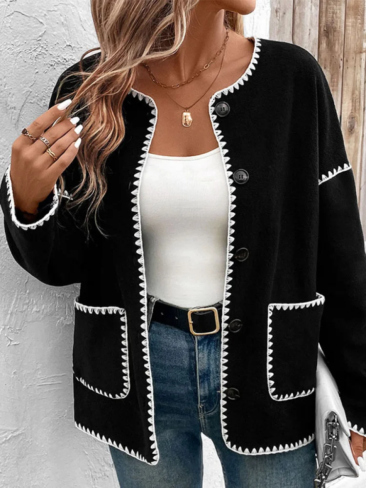 Luźny płaszcz damski oversize z białymi wykończeniami, idealny na jesień i zimę, do noszenia na co dzień, do pracy, długi płaszcz typu sweter.