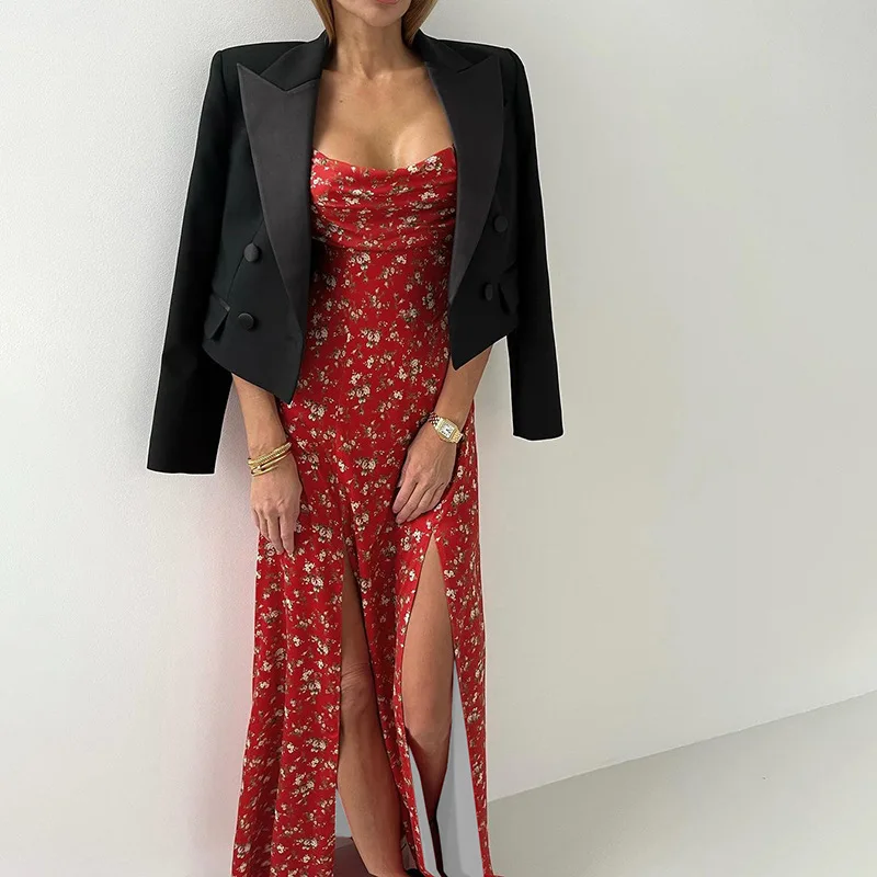 

Spring New Women's French Retro V-neck Sexy Slim Fit Slit Printed Suspender Dress Vestidos Para Mujer Party Dresses Clothing
