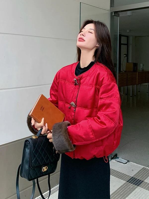 신상 중국산 슬레 티엔드 레드 브레드 다운 자켓 여성용 겨울 코트 화이트 다운 따뜻한 아우터웨어 캐주얼 패션