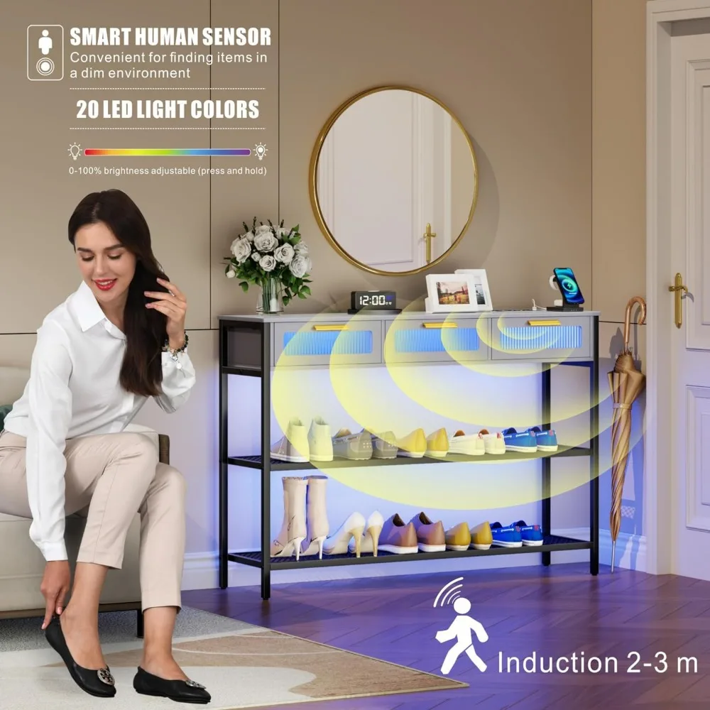 Console Table with LED Light, Entryway Table with Storage Drawers & Shelves, Narrow Long Sofa Table with Chars for Living