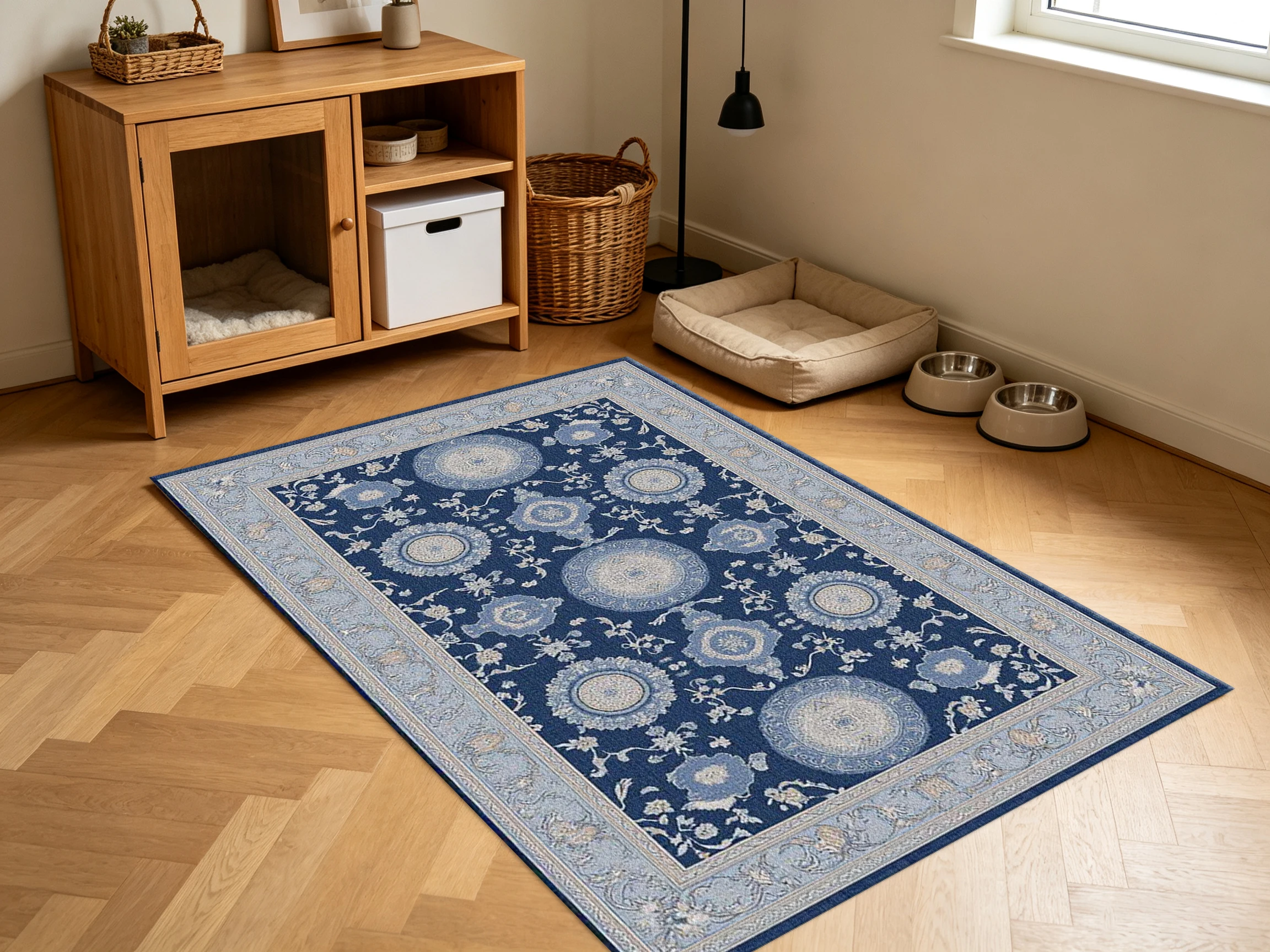 Navy Blue Oriental Traditional Carpet Flooring, Luxury Vintage Non Slip Area Rug for Living Room Study Room Decor