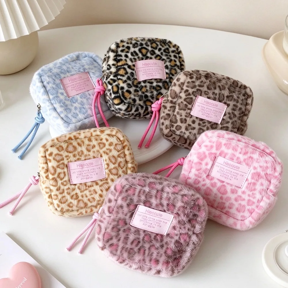 Square Leopard Print Makeup Bag Kawai Cosmetic Pouch Korean Style Small Zipper Storage Purse Portable Lipstick Sanitary Pad Bag