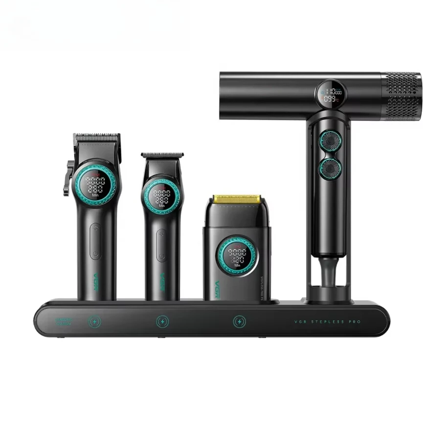 Vgr Professional Stepless Pro 4-in-1 Combination BLDC 9000 rpm Hair Cut Fader Trimmer High Speed Hair Dryer Shaver Set 9000 rpm