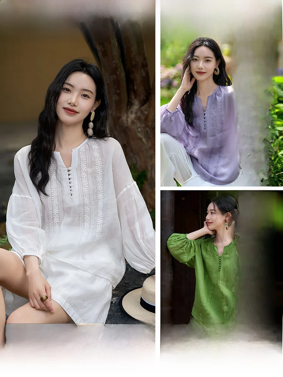 

Xhange Summer New Lightweight Flax Small Shirt Heavy Embroidery Loose Women's Long Sleeve Lantern Sleeve Breathable Casual Shirt