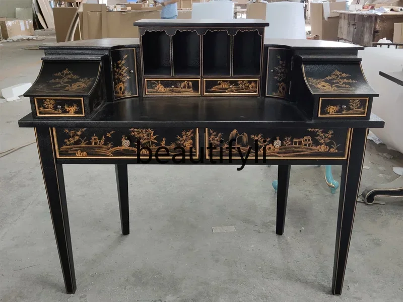 

French hand-painted landscape solid wood piano-shaped desk writing desk dresser multi-drawer