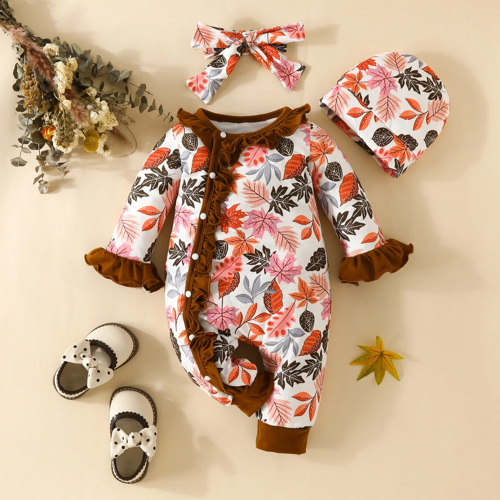 Infant Baby Girls 3 Piece Outfits Floral Long Sleeves Ruffle Rompers and Headband+Hat Clothes for Toddler Infant 0 to 18 Months