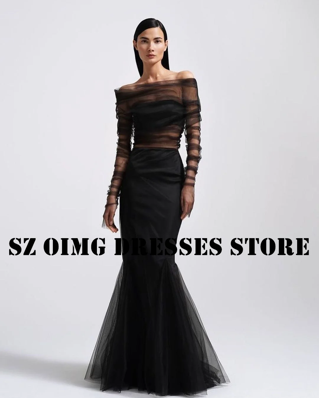 

OIMG New Design Off the Shoulder Prom Dresses Arabic Women Long Sleeves Sheath Black Ruched Evening Gowns Formal Party Dress