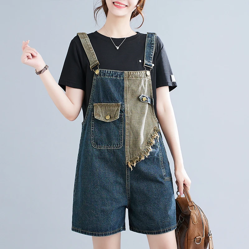 

2024 Summer Patch Pockets Jumpsuit Women Vintage Jean Suspenders Loose Fashion Strap Tooling Denim Conjoined Ahorts Female