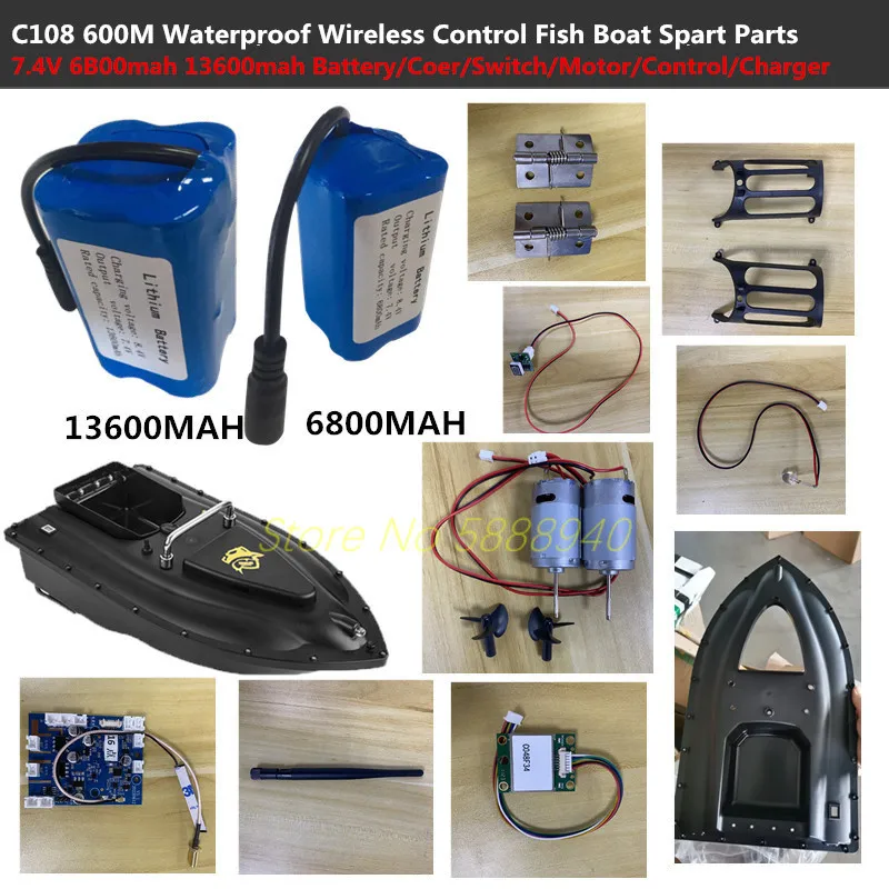 A08 A18 GPS Bait Boat Toy C108 RC Bait Fishing Boat Spart Parts 7.4V 6800mah 13600mah Battery/Cover/Switch/Motor/Control/Charger
