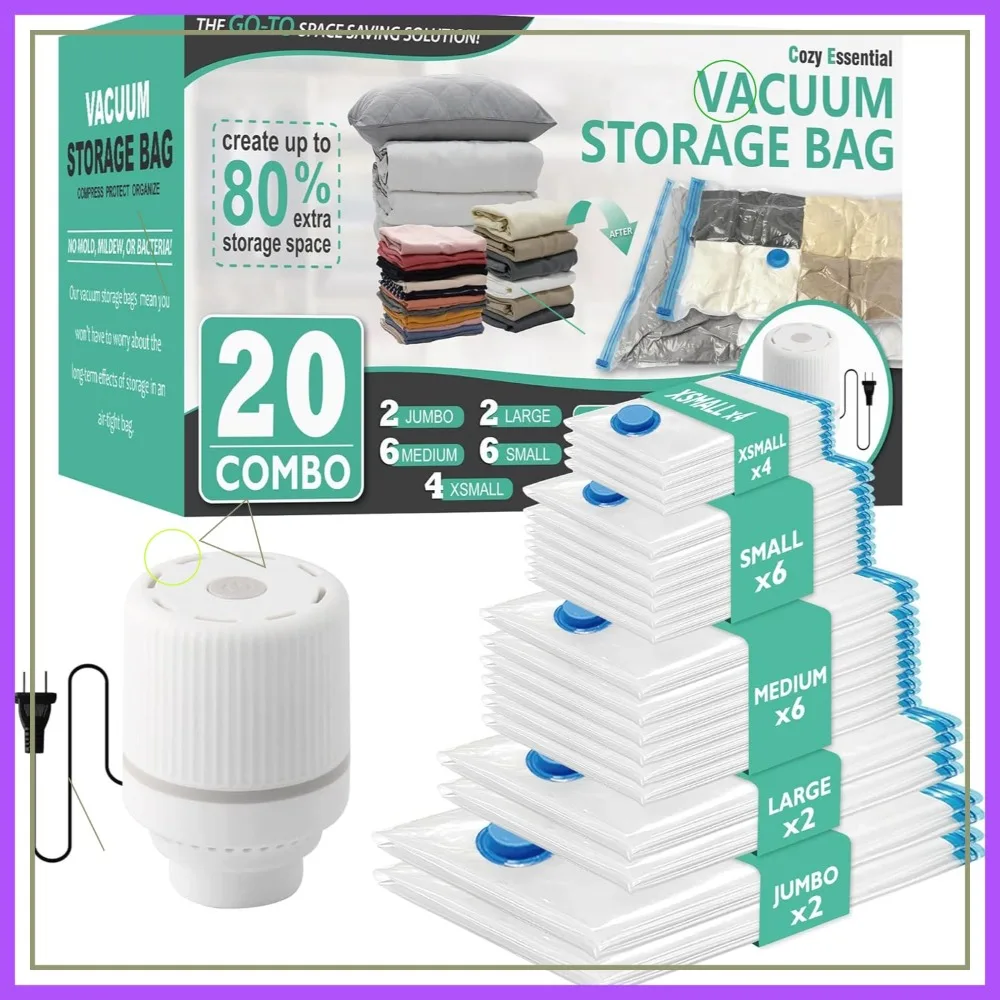 

20 Pack Vacuum Storage Bags with Electric Pump, Space Saver for Clothes, Pillows, Blankets & Comforters