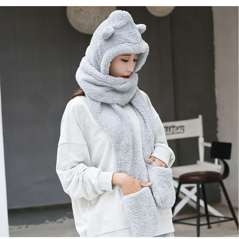 Girl\'s Warm Accessories Cute Bear Ears Warm Double Thick Autumn And Winter Women\'s Hat Scarf Gloves Three Sets In One