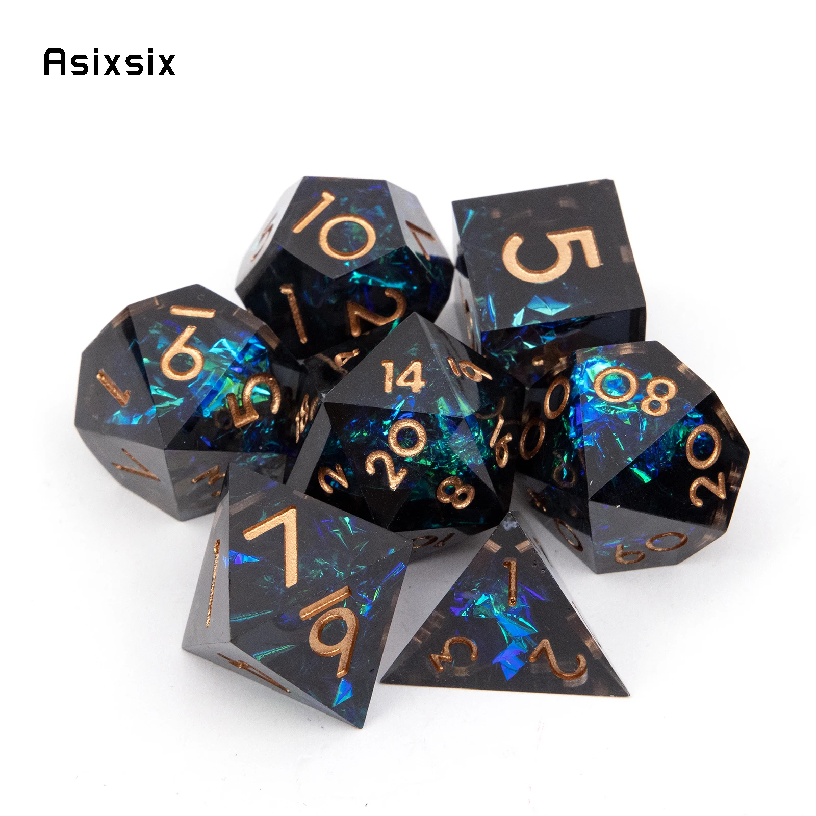 7 Pcs Black Blue Resin Golden Number Sharp Edge Dice Polyhedral Dice Suitable for Role-Playing RPG  Board Game Card Game