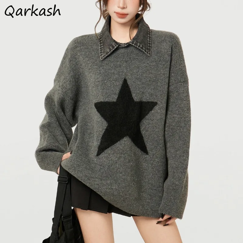 

Pullovers Women Turn-down Collar Loose Fit Tender Tops Design Chic Patchwork High Street All-match Leisure American Style Retro