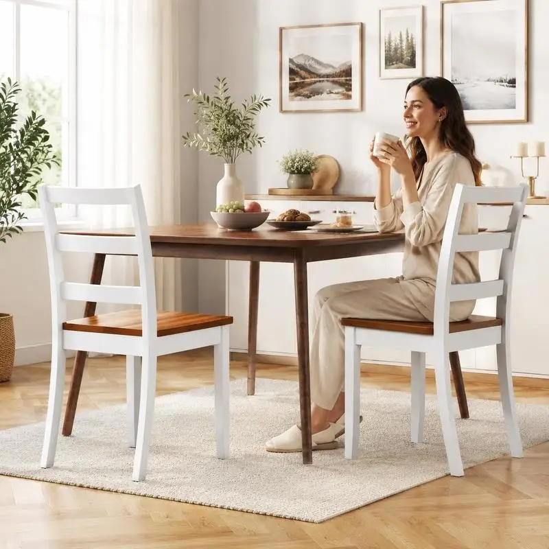 Ensemble de 2 chaises de salle à manger, structure en bois massif avec dossier en échelle, style moderne et minimaliste, construction robuste pour salle à manger, salon, chambres à manger rustiques, cuisines ouvertes et coins repas d'appartement pour les repas quotidiens en famille