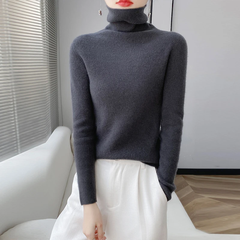 100% Pure Wool Women Sweater Autumn Winter Fashion Pile Collar Pullover Cashmere Sweater Casual Long-sleeved Knitted Tops