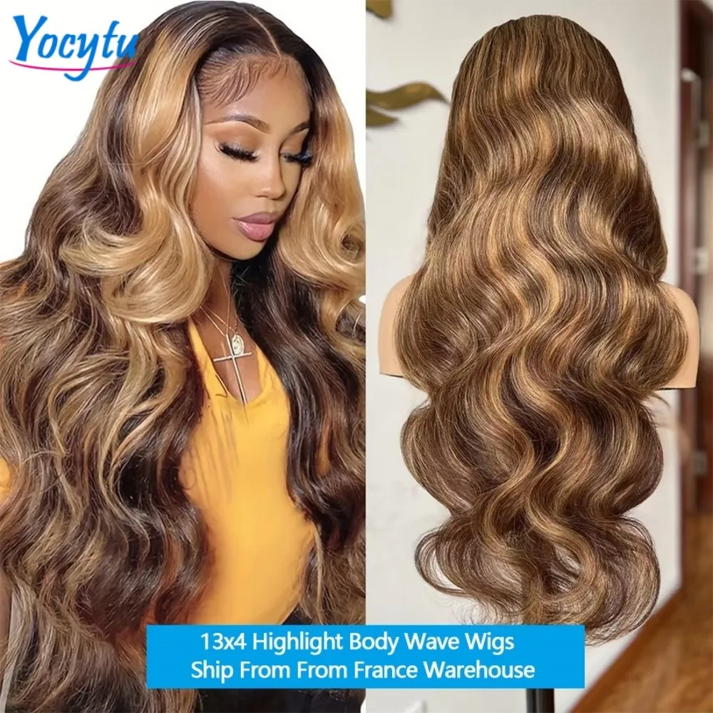 13X4 Highlight Perücke Echthaar 26 Zoll Körperwelle Echthaar Perücken 4/27 Honigblonde Echthaarperücke Ombre Braun gefärbte Echthaarperücken – Detail 1