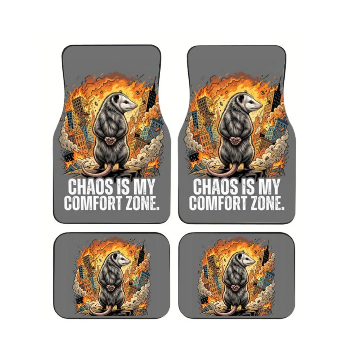 

Grunge Fire Ruined Town Opossum Graphic Car Floor Mats Universal Waterproof 4PCS Auto Interior Accessories For Sedans SUVs