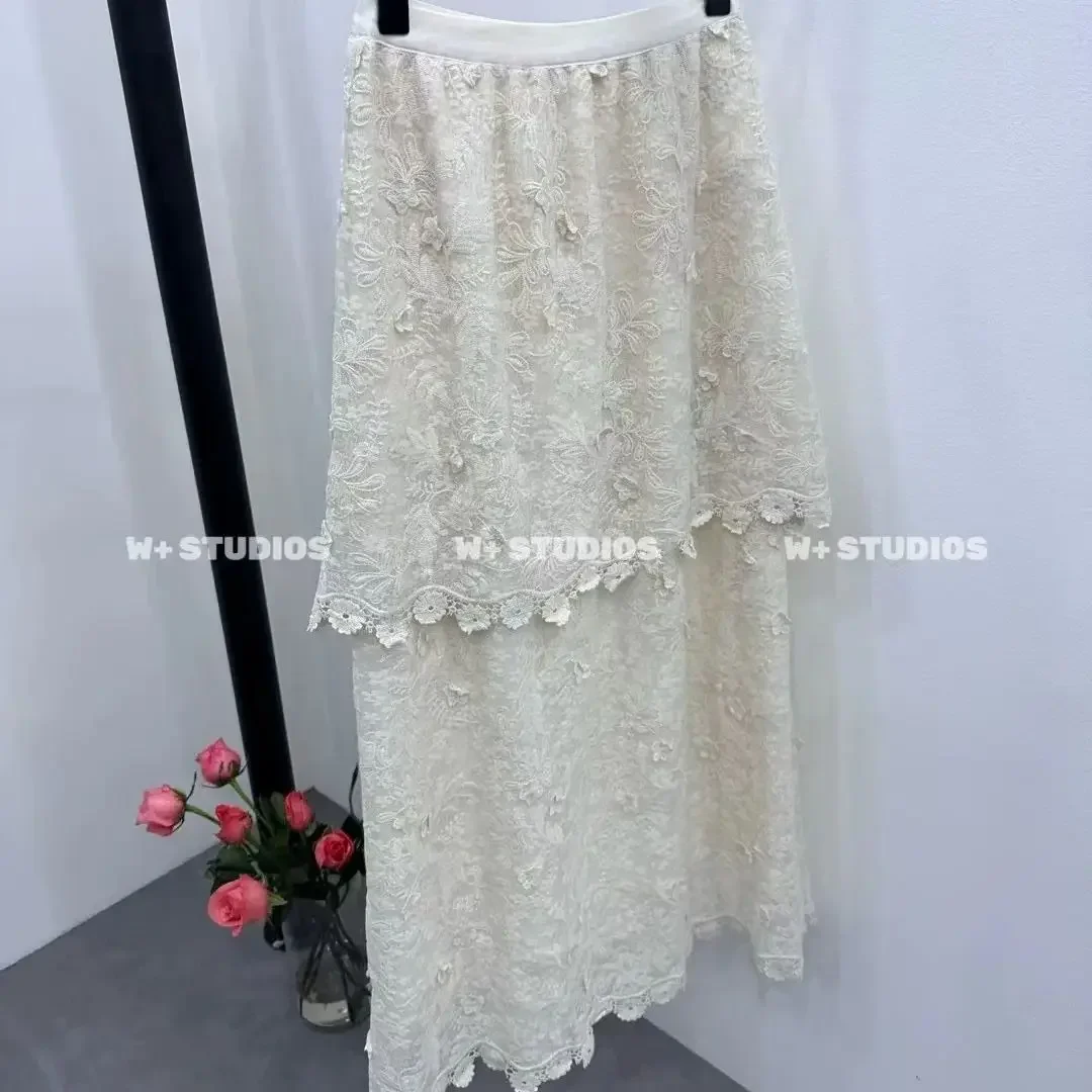 

Новая кружевная женская юбка с цветочной вышивкой, модная двухслойная повседневная юбка-миди с высокой талией, свободная однотонная юбка трапециевидной формы Jupe