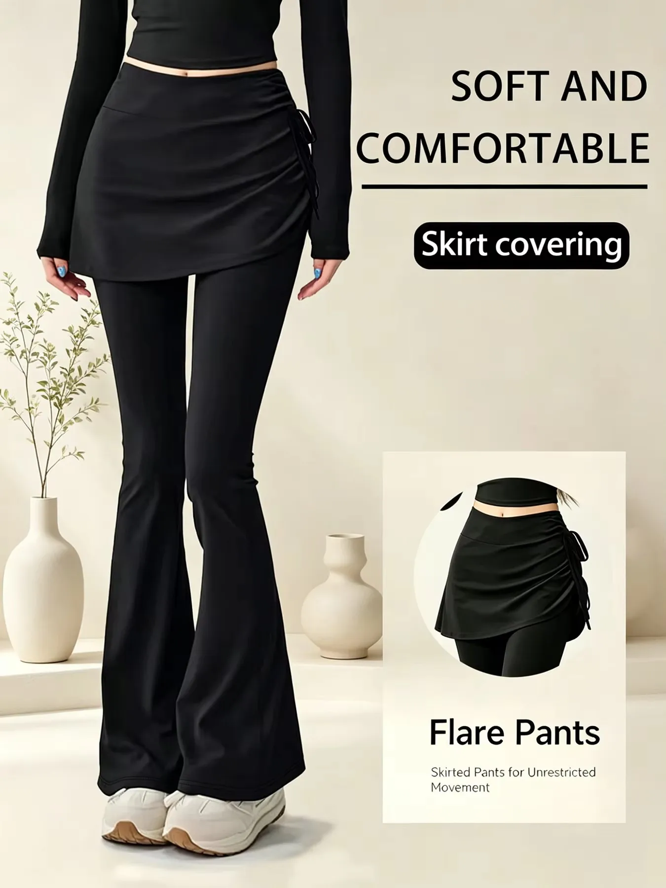 2-in-1-Rock-Yoga-Hose für Damen, hochtaillierte, geraffte Workout-Leggings mit Kordelzug, weiche, dehnbare Gym- und Laufhose – Detail 1