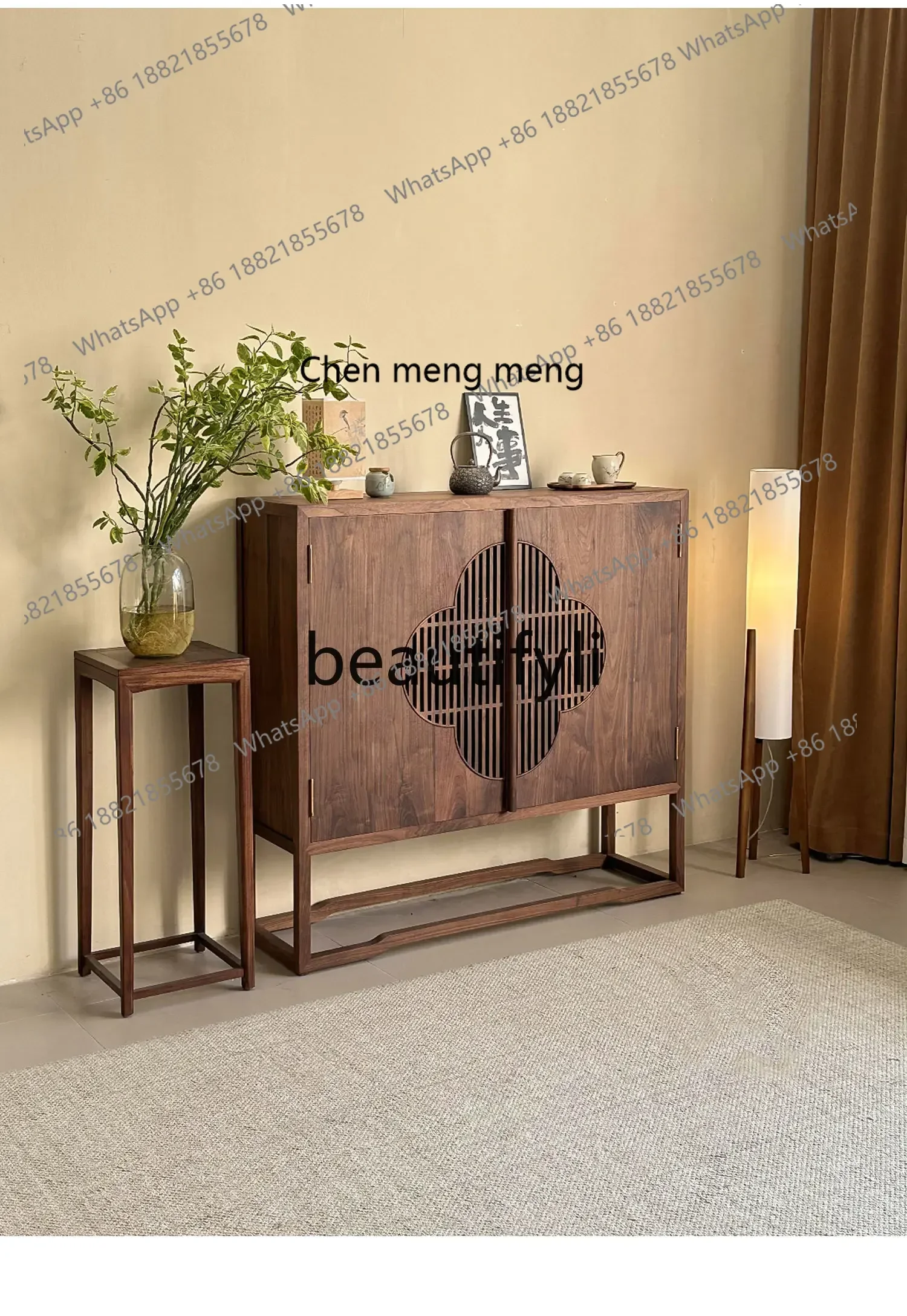 

M178 New Chinese style dining side cabinet, entrance cabinet, Zen black walnut furniture, log solid wood bookcase
