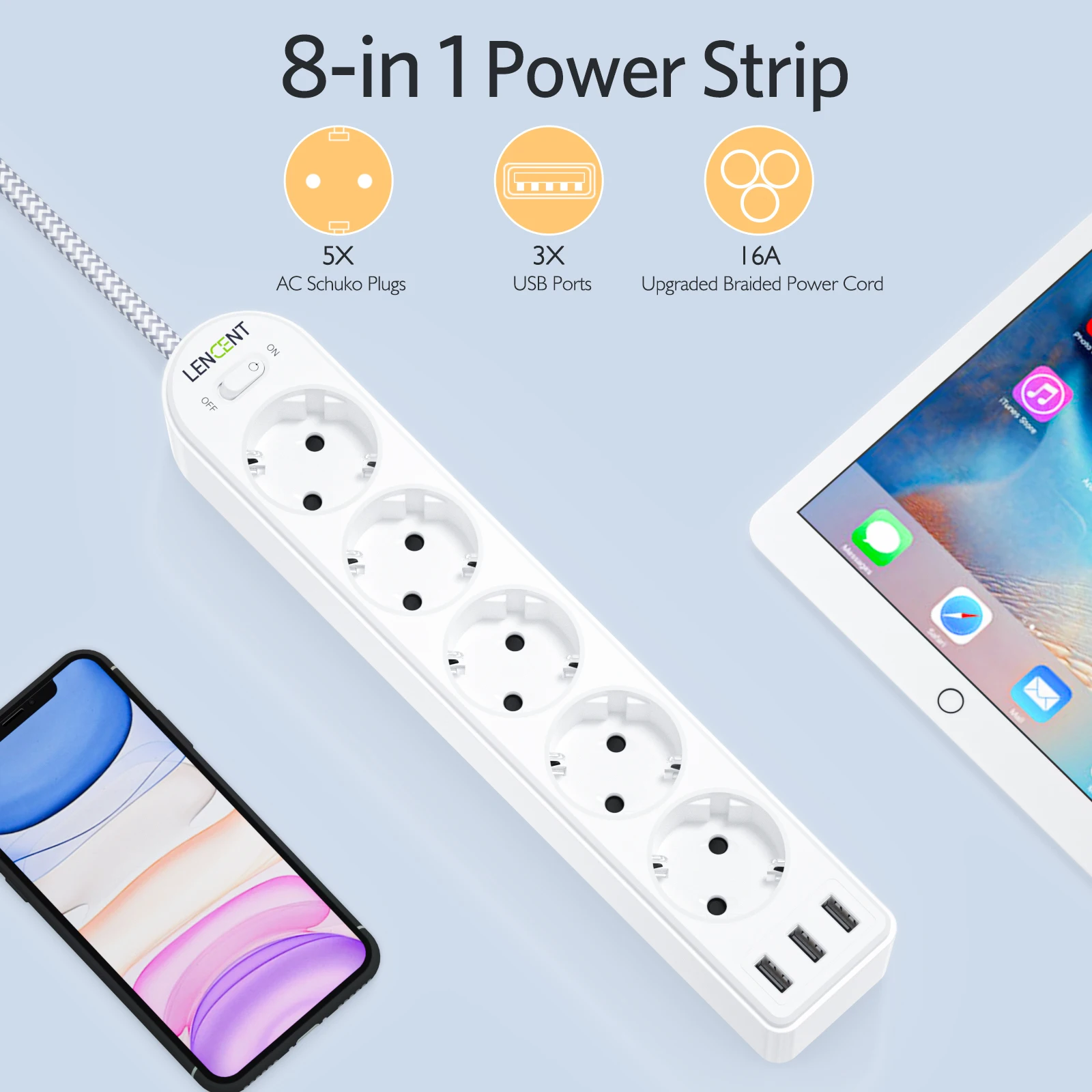 LENCENT EU Power Strip with 5 Outlets and 3 USB Ports 4000W 8 in 1 Multiple Socket with On/Off Switch 2/3M Cable for Home/Office