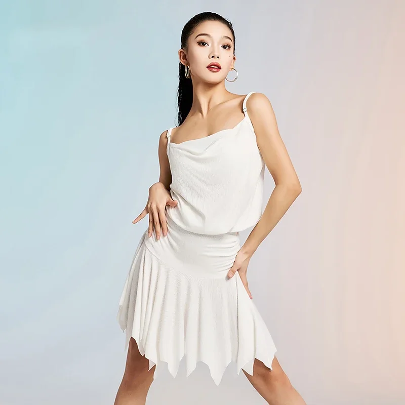 

Summer Women's Latin Dance Costume White Spaghetti Strap Dress Cha Cha Rumba Dance Training Clothes Dancer Practice Clothes